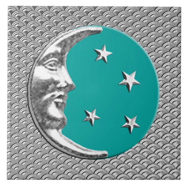 Carreau Art Déco Lune et étoiles - Turquoise & Argent (Devant)