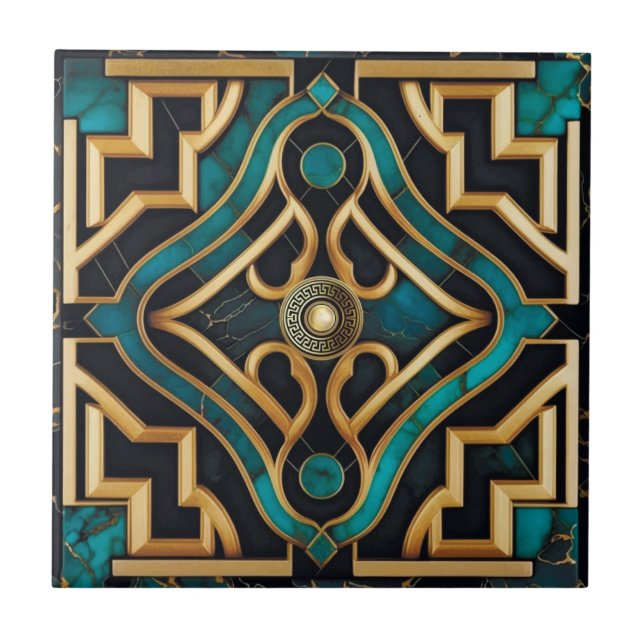 Carreau Art Déco Marbre Mandala Grec Mer Vert Or  (Devant)