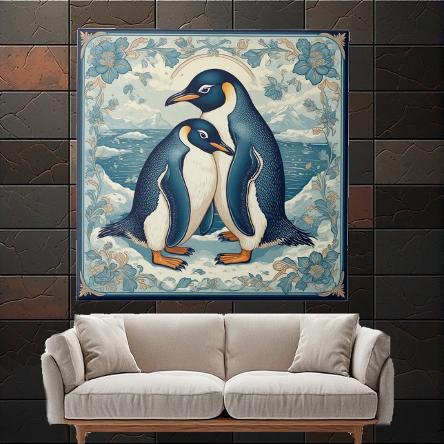 Carreau Art Deco Penguin Ice Bird Couple Snow Ocean Floral (Art Deco Penguin Ice Bird Couple Snow Ocean Floral Ceramic Tile)