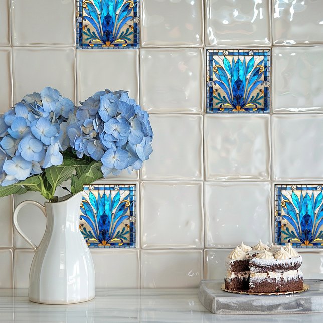 Carreau Art Déco Pétales de fleurs bleu blanc or (Créateur téléchargé)