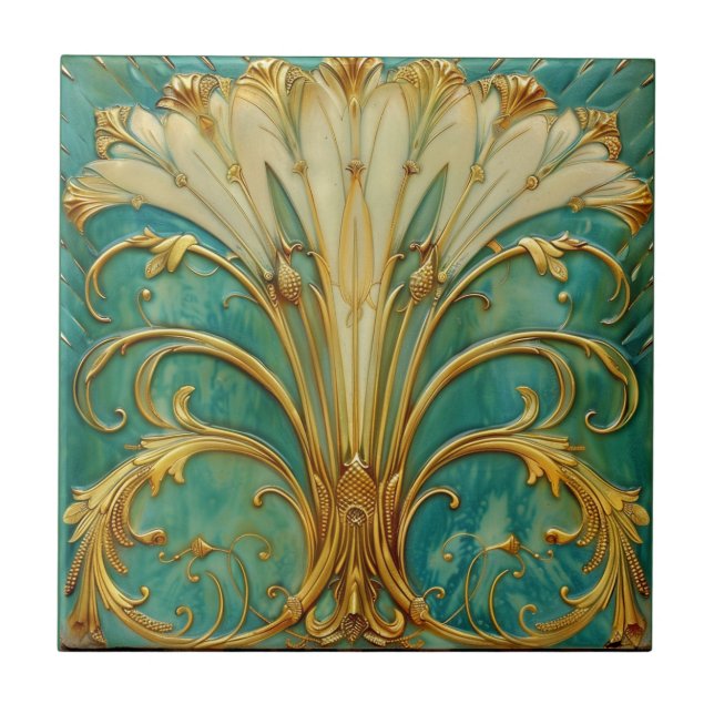 Carreau Art Déco Rétro Or Turquoise Fleur de Trompette (Devant)