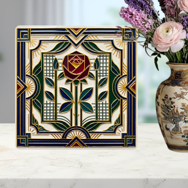 Carreau Art Deco Rose Red Blue Green Gold Floral Art Tile (Créateur téléchargé)