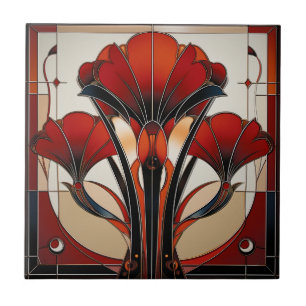 Carreau Art Déco Rouge Noir Blanc Abstrait Floral