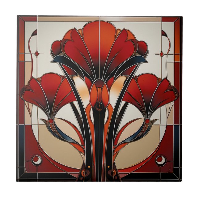 Carreau Art Déco Rouge Noir Blanc Abstrait Floral   (Devant)
