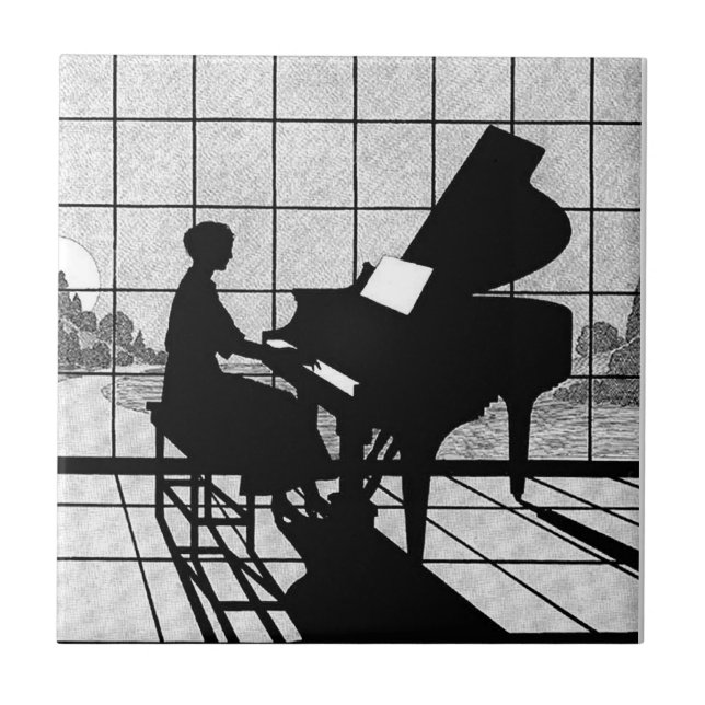 Carreau Art Déco silhouette de piano | Noir et blanc (Devant)