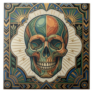 Carreau Art Deco Skull Emerald Green Orange Gold Ceramic T