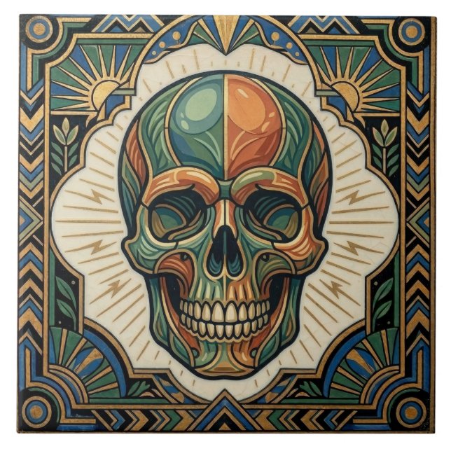 Carreau Art Deco Skull Emerald Green Orange Gold Ceramic T (Devant)