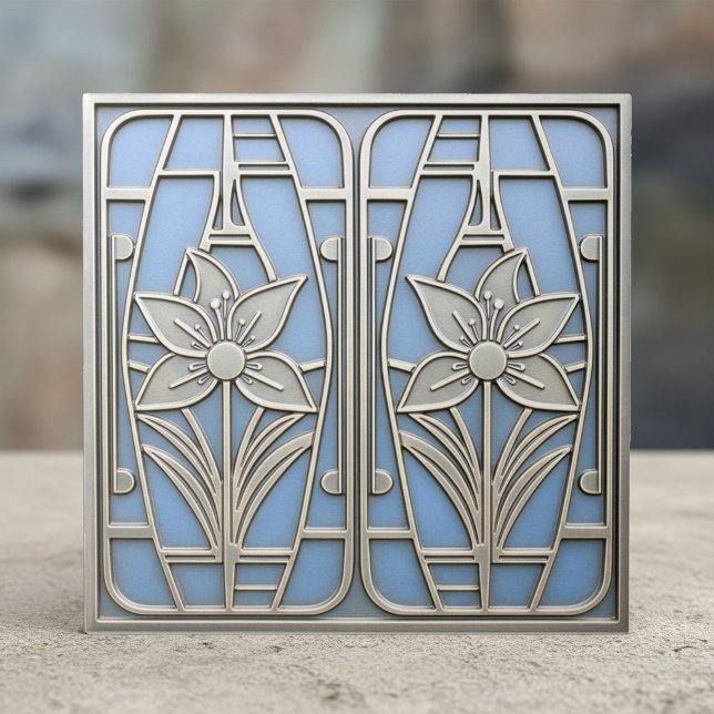 Carreau Art Deco Stylized Lily Floral #10 Blue ID1196 (Créateur téléchargé)