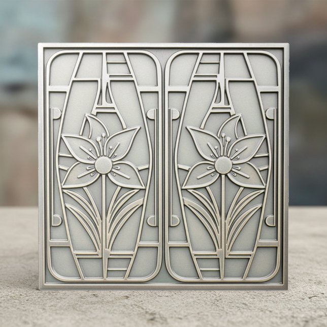 Carreau Art Deco Stylized Lily Floral #10 Silver ID1196 (Créateur téléchargé)