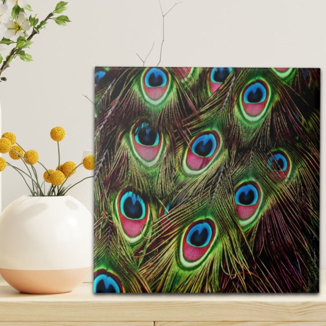 Carreau art déco vert turquoise turquoise plumes paon (art deco teal green turquoise peacock feather ceramic tile)