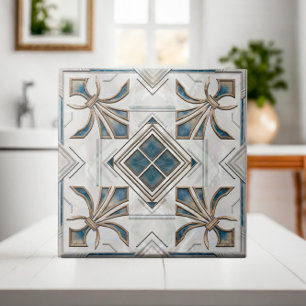 Carreau Art Déco vintage Fleur-de-lis - Pearl Blue Gold