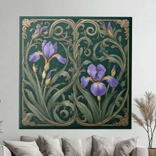 Carreau Art décoratif vintage iris pourpre botanique vert
