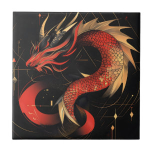 Carreau Art du dragon chinois rouge et or majestueux
