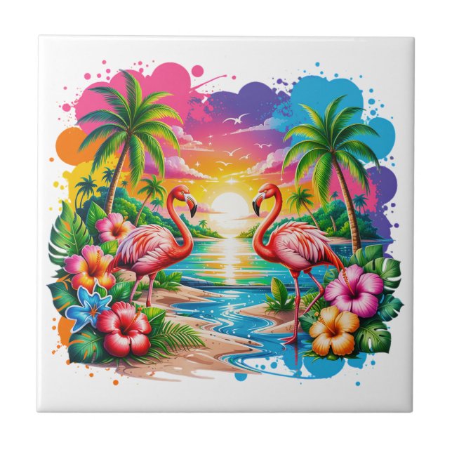 Carreau Art du paradis du coucher de soleil flamant rose t (Devant)