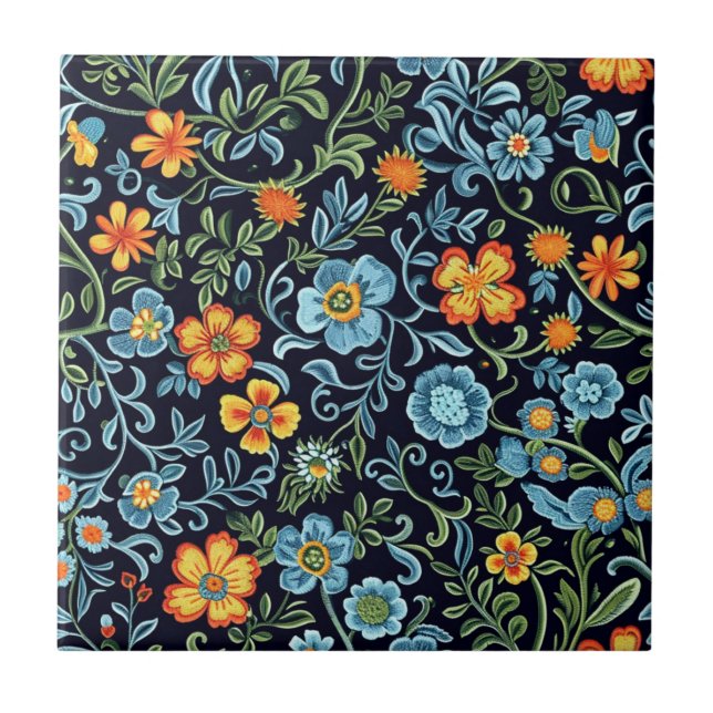 Carreau Art floral complexe : Fleurs bleues et orange  (Devant)