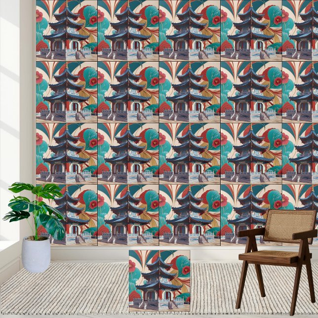 Carreau Art Floral d'inspiration asiatique Chinoiserie Pag (Asian-Inspired Floral Art Chinoiserie Pagoda Tile)