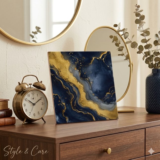 Carreau Art fluide abstrait marbre luxe navy or (Custom Luxury Navy Gold Abstract Marble Fluid Art Ceramic Tile)
