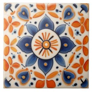 Carreau Art folklorique Floral Orange & Fleur Bleue