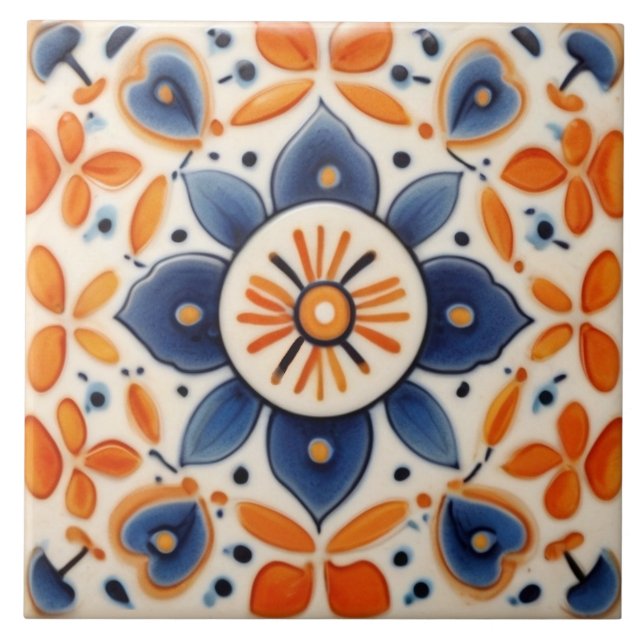 Carreau Art folklorique Floral Orange & Fleur Bleue (Devant)