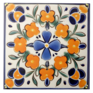 Carreau Art folklorique Floral Orange & Fleurs Bleues