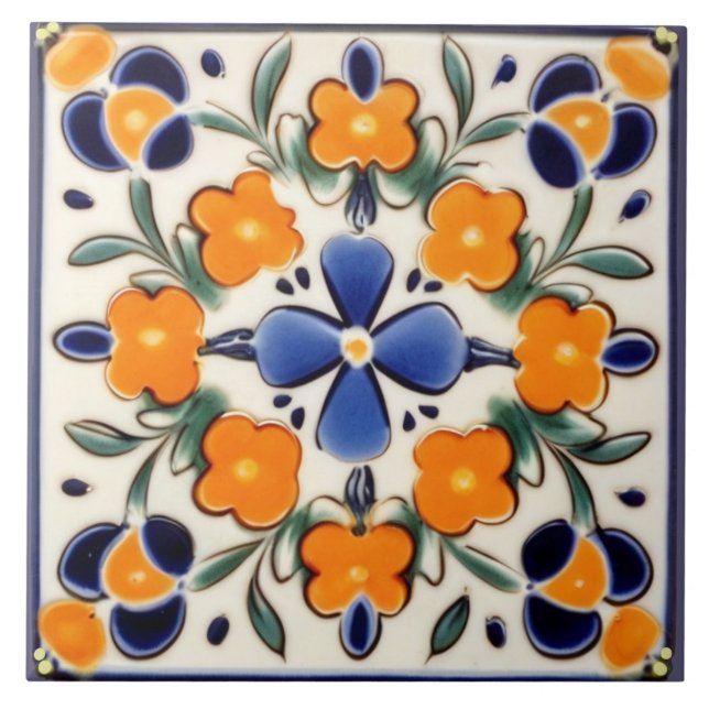 Carreau Art folklorique Floral Orange & Fleurs Bleues (Devant)