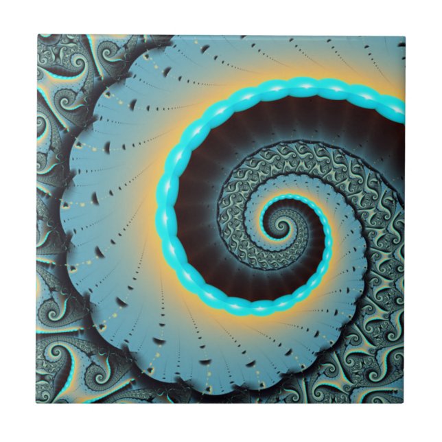 Carreau Art fractal abstrait bleu turquoise orange en spir (Devant)
