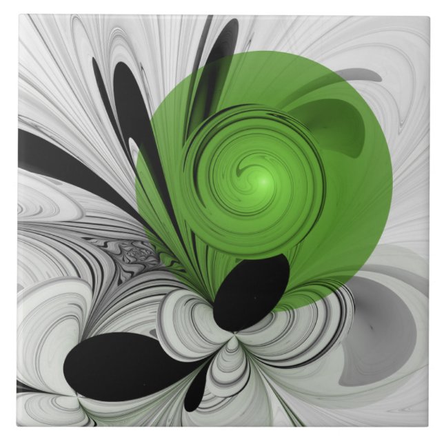 Carreau Art fractal abstrait noir et blanc avec vert (Devant)