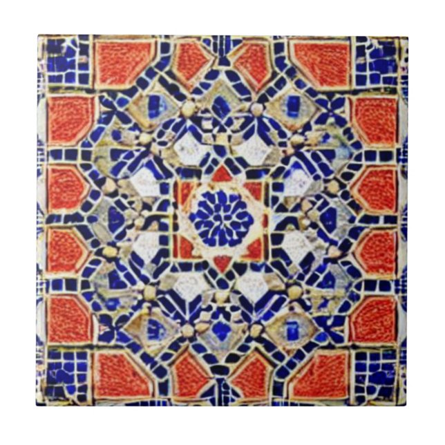 Carreau Art géométrique bleu marine rouge mosaïque marocai (Devant)