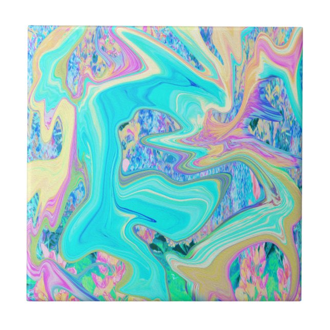 Carreau Art Liquide Bleu Aqua Rétro sur Hydrangeas Abstrai (Devant)