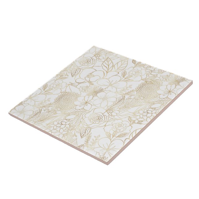 Carreau Art moderne Gold White Floral Doodles (Côté)
