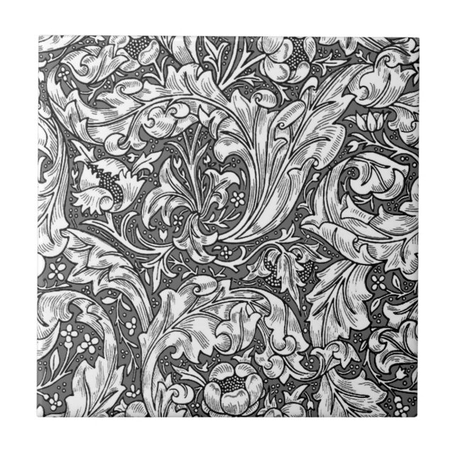 Carreau Art Nouveau Acanthus Feuilles et Fleurs, Gris (Devant)