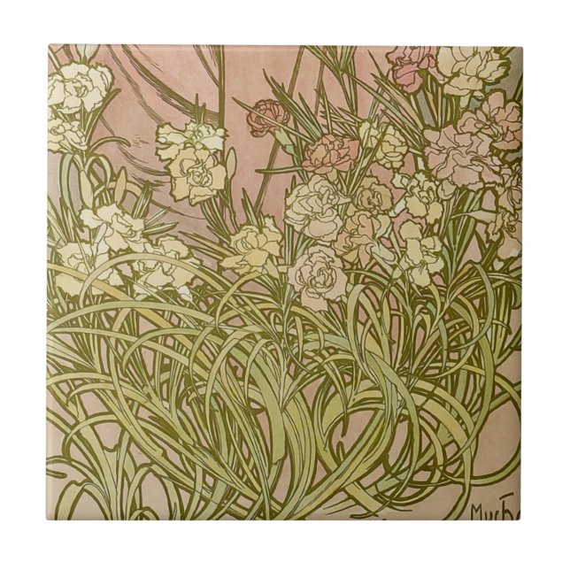 Carreau Art Nouveau Alfonse Mucha fleurs d'oeillets floral (Devant)