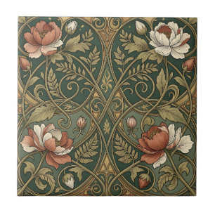Carreau Art Nouveau Anémone de Mer Émeraude Or Floral