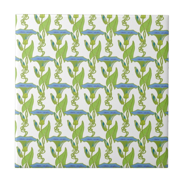 Carreau Art Nouveau bleu Ipomoea papier peint fleuri damé (Devant)