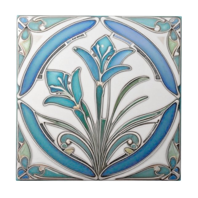 Carreau Art Nouveau Bleu Stylisé Lily (Devant)