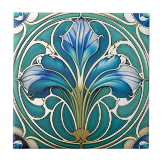 Carreau Art Nouveau Bleu Stylisé Lily 2