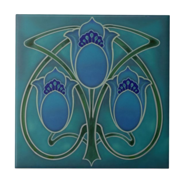 Carreau Art nouveau Blue Green Tulip Trio Repro c1900  (Devant)