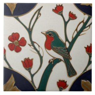 Carreau Art Nouveau Bluebird Rouge & Bleu Oiseau Art Déco