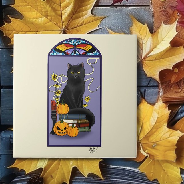 Carreau Art Nouveau Chat Noir Citrouille Violet Automne Ja (Créateur téléchargé)