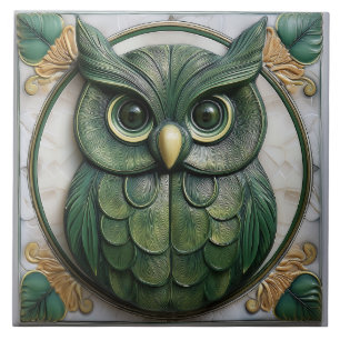 Carreau Art Nouveau Chouette vert biophilique faux relief
