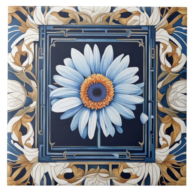 Carreau Art Nouveau Déco Bleu Blanc Gerbera Fleur margueri (Devant)