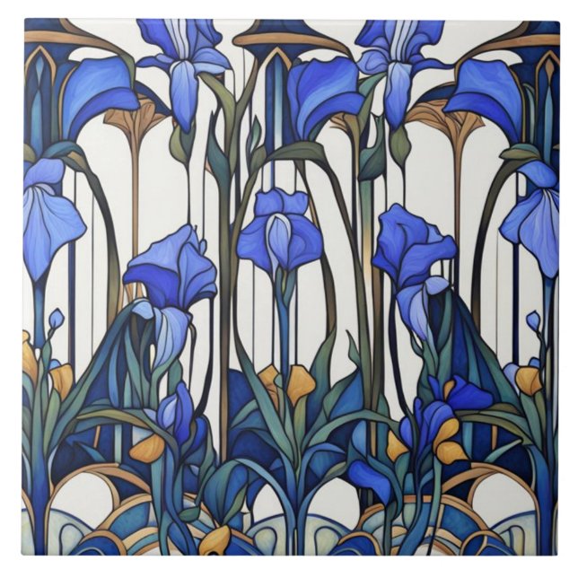 Carreau Art Nouveau Déco Fleur d'Iris Bleu & Blanc (Devant)