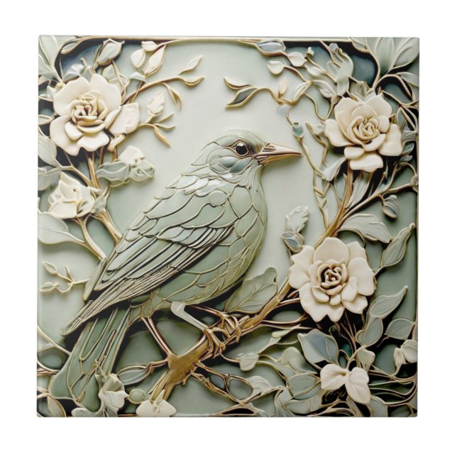 Carreau Art Nouveau Faux Relief Droite Blackbird Bird Mint (Devant)
