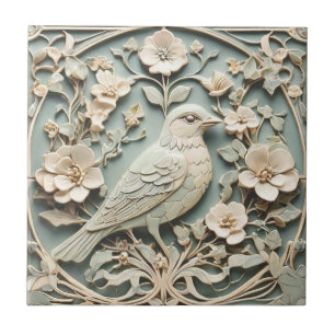 Carreau Art Nouveau Faux Relief Droite Oiseau Fleur Mint