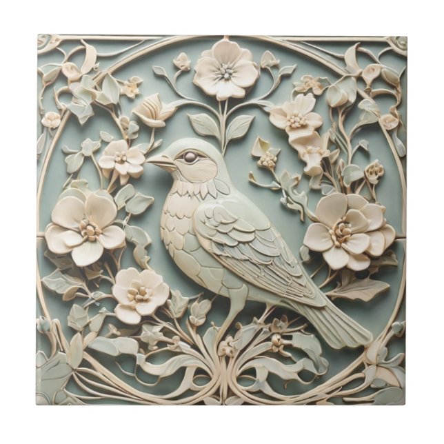 Carreau Art Nouveau Faux Relief Fleurs d'oiseaux Monnaie (Devant)