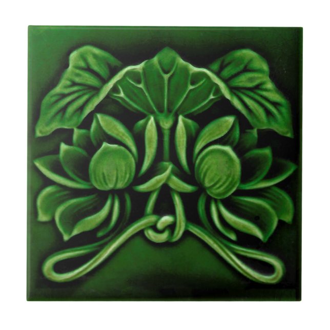 Carreau Art Nouveau Faux Relief Floral Majolica Dk Green (Devant)