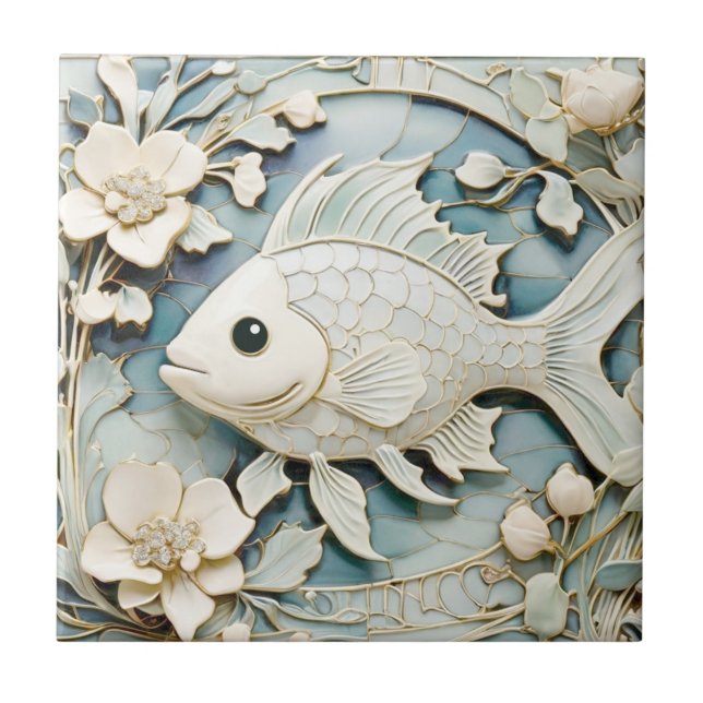 Carreau Art Nouveau Faux Relief Mer Océan Poisson Latéral (Devant)