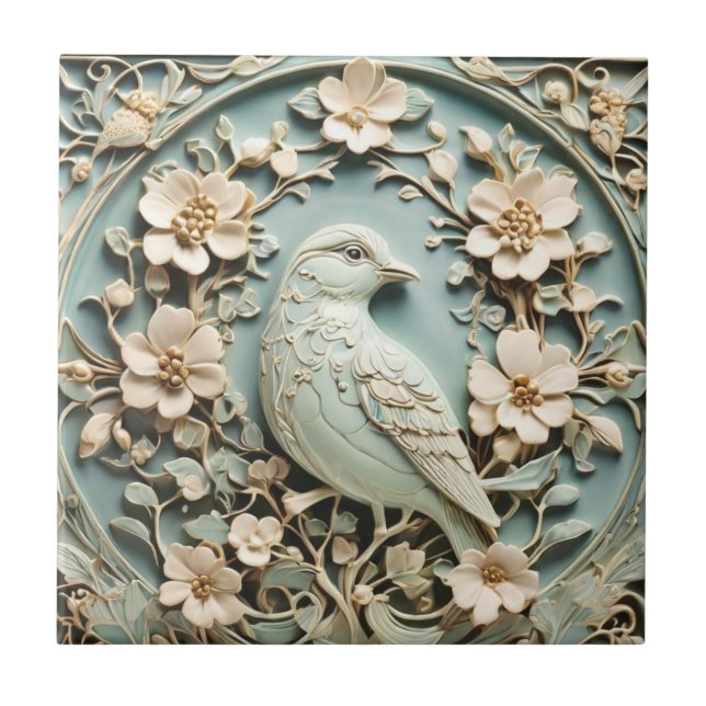 Carreau Art Nouveau Faux Relief Monnaie Fleurs d'Oiseaux e (Devant)