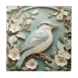Carreau Art Nouveau Faux Relief Nuthatch Bird Face droite