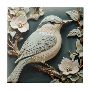 Carreau Art Nouveau Faux Relief Nuthatch Bird R Turquoise